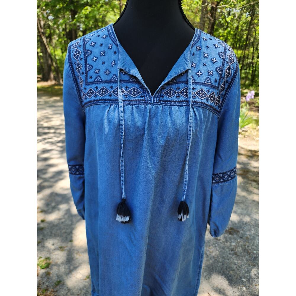 J. Jill Denim Women's Small Denim Blue Embroidered Chambray Boho Peasant Dress